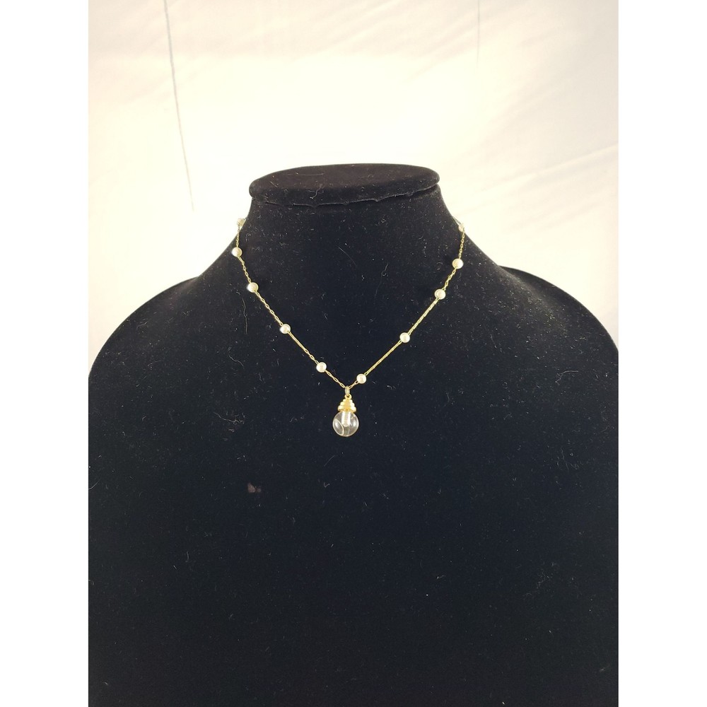 Vintage Unsigned Gold Tone Chain Necklace Clear Marble Pendant Faux Small Pearls